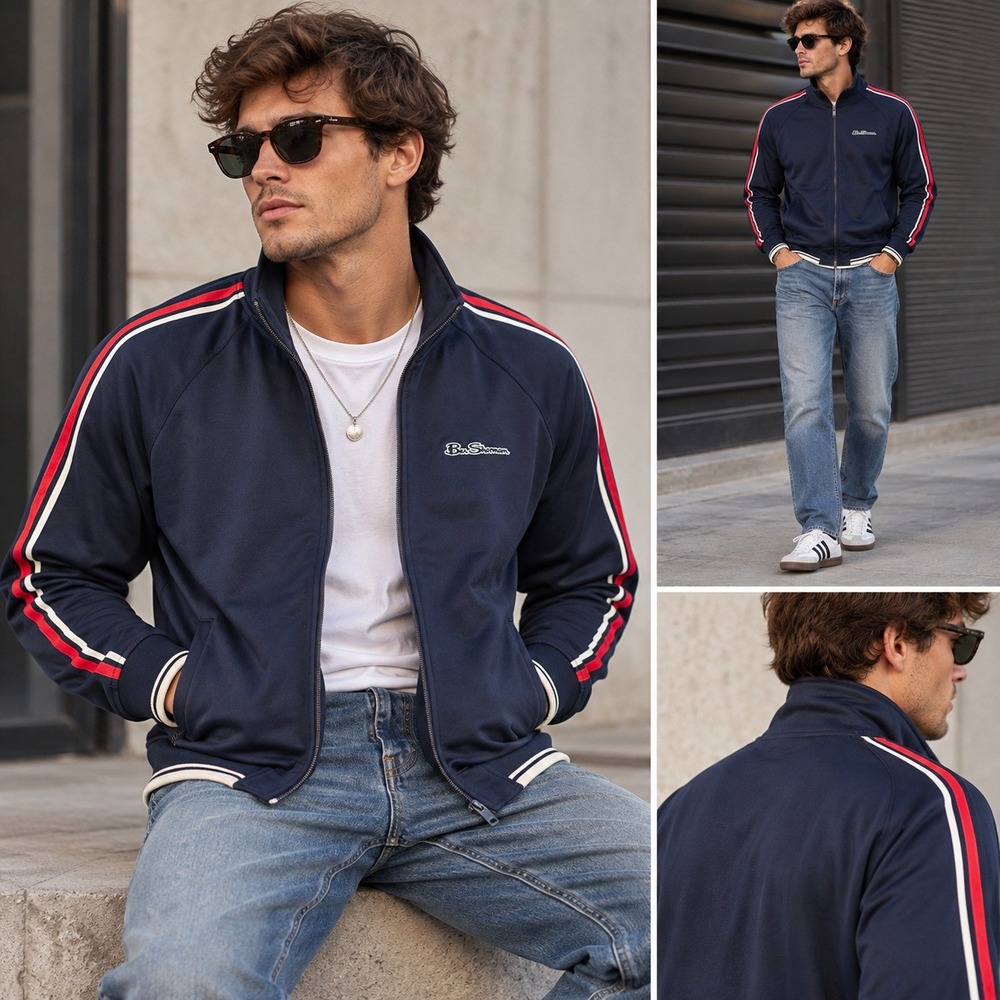 Ben Sherman Union Jack Stripe Track Jacket Mens XL Navy Blue Full Zip Retro Mod